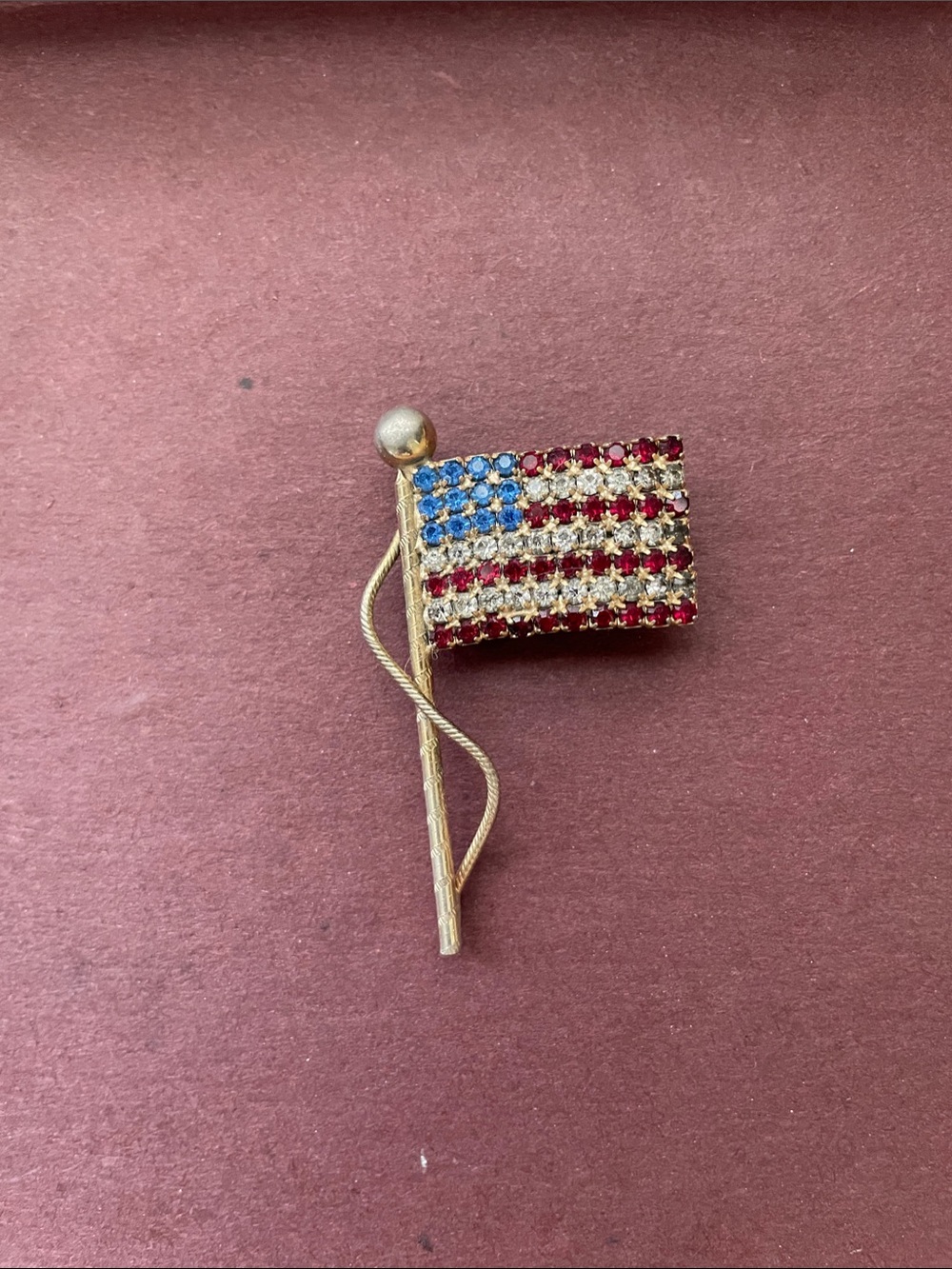 Vintage 1976 Gold-Tone American Flag Rhinestone Pin Brooch - Red, Blue & Clear
